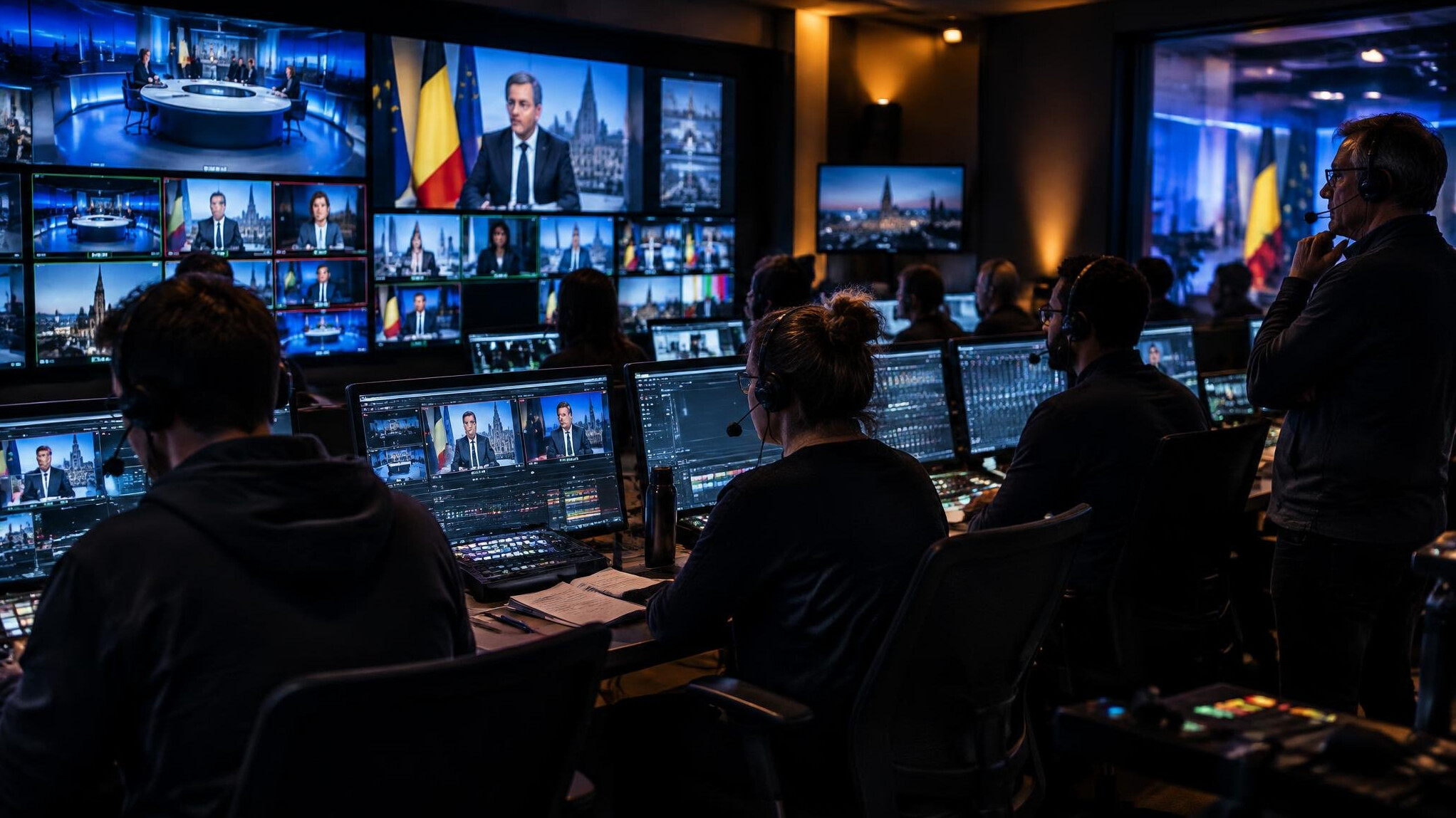 Regiekamer van een televisiestudio tijdens een live-uitzending met meerdere schermen