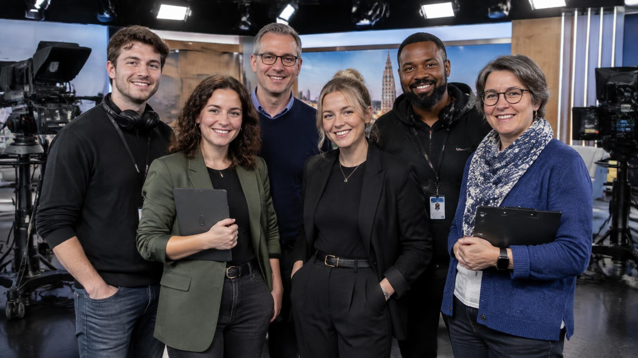 Groep collega's poseert samen in een televisiestudio